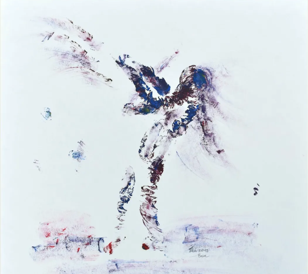 Die Geigerin, 2019. Ölgemälde von Bai Nike, mit bloßen Händen gemalt. Eine Geigerin in Bewegung — Bogen und Körper verschmelzen.