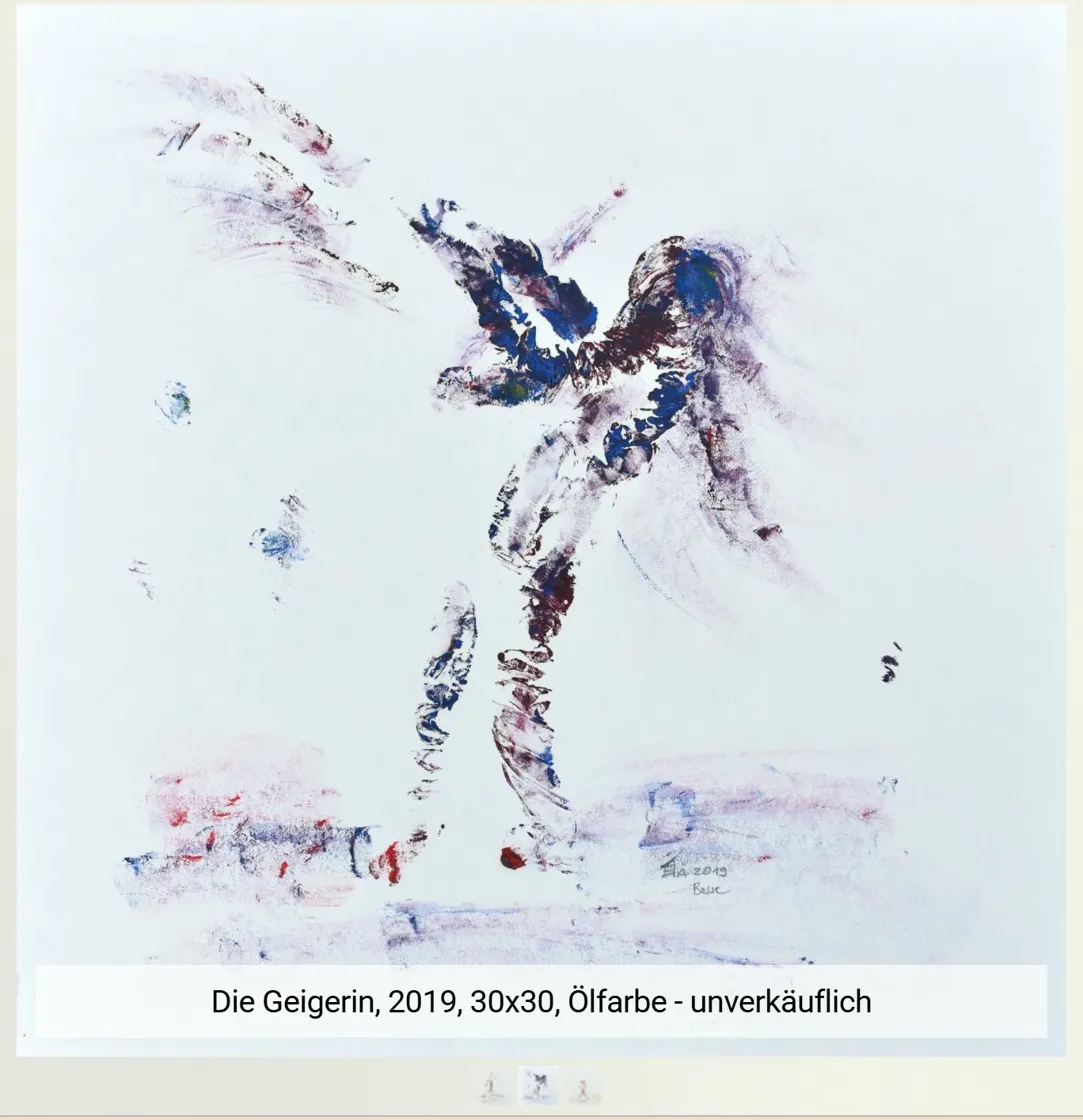 Die Geigerin, 2019. Ölgemälde von Bai Nike, mit bloßen Händen gemalt. Eine Geigerin in Bewegung — Bogen und Körper verschmelzen.
