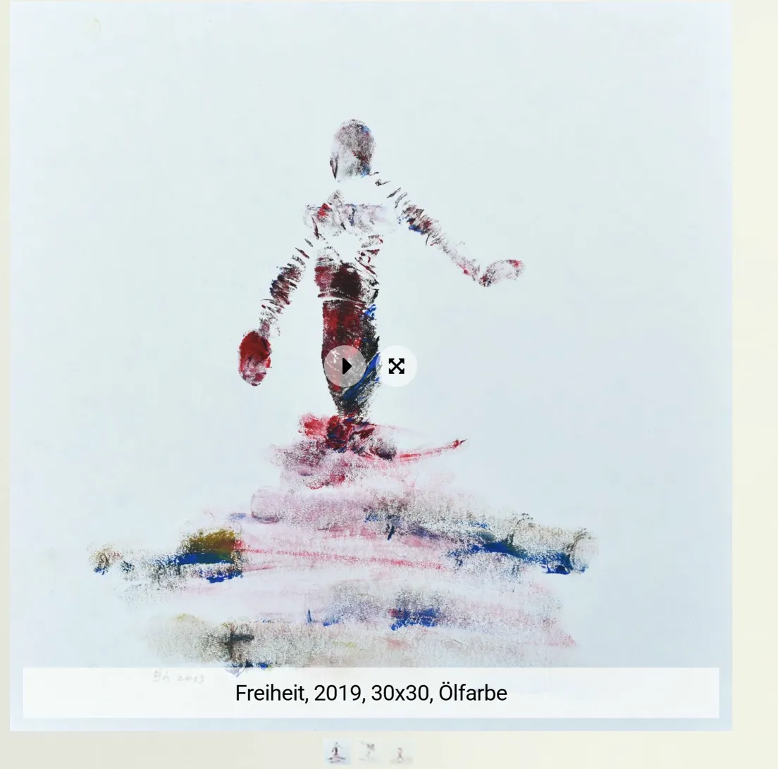 Freiheit, 2019. Ölgemälde von Bai Nike. Eine Figur in Bewegung, dunkles Rot und Königsblau, gemalt mit bloßen Händen.