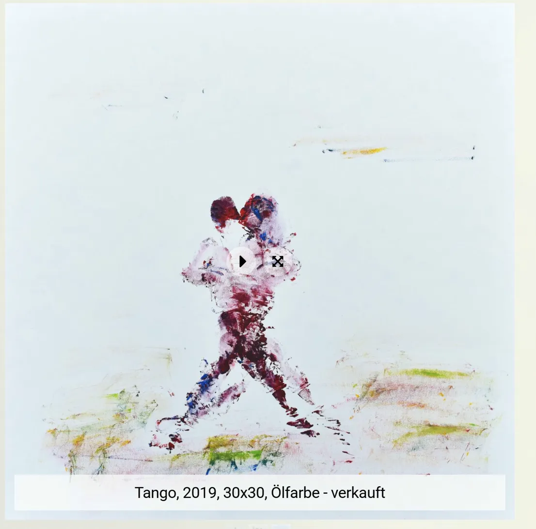 Tango, 2019. Ölgemälde von Bai Nike. Zwei tanzende Figuren in dunklen Rot- und Blautönen, mit bloßen Händen gemalt.
