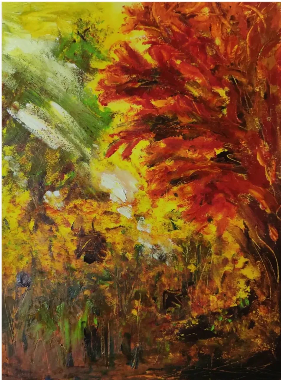 Herbstwald, 2023. Großformatiges Ölgemälde von Bai Nike. Ein Wald in glühenden Rot-, Gold- und Grüntönen.